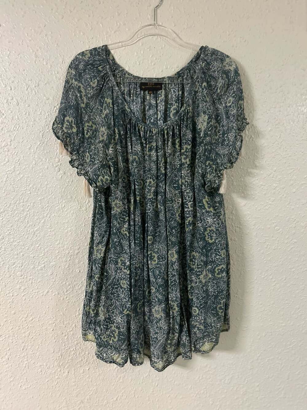 NAT by Natalie Martin Silk Marina Peasant Boho Dress M/L Green Floral Swing